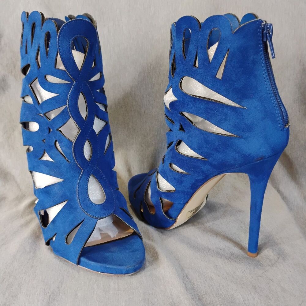 ShoeDazzle Blue Suede Cutout Cage Heel Booties Open Toe Back Zip Mayela Size 9.5